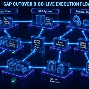 SAP cutover és élesítési folyamatábra a projektcsapat, az SAP rendszer és az üzleti felhasználók között