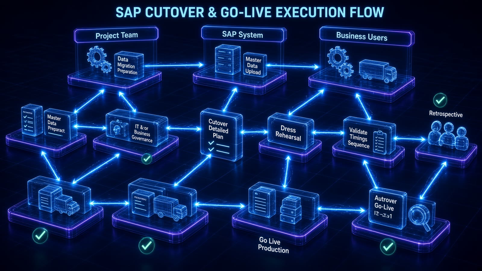 SAP cutover és élesítési folyamatábra a projektcsapat, az SAP rendszer és az üzleti felhasználók között