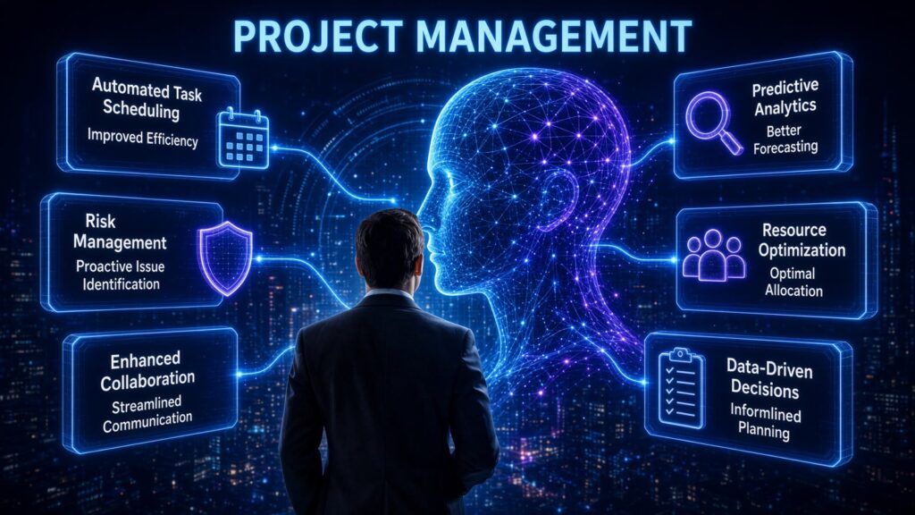 Üzletember egy digitális fejábra előtt, körülötte projektvezetési döntési területek: kockázat, erőforrás, adatalapú döntés