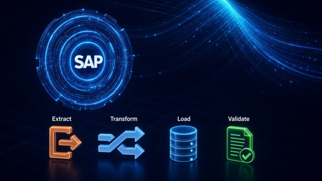 Az SAP adatmigráció lépései ikonokkal: kinyerés, átalakítás, betöltés, ellenőrzés