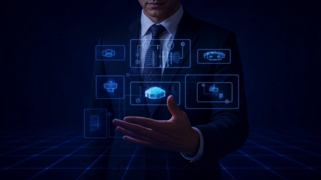 Öltönyös vezető tenyere fölött lebegő digitális folyamatpanelek